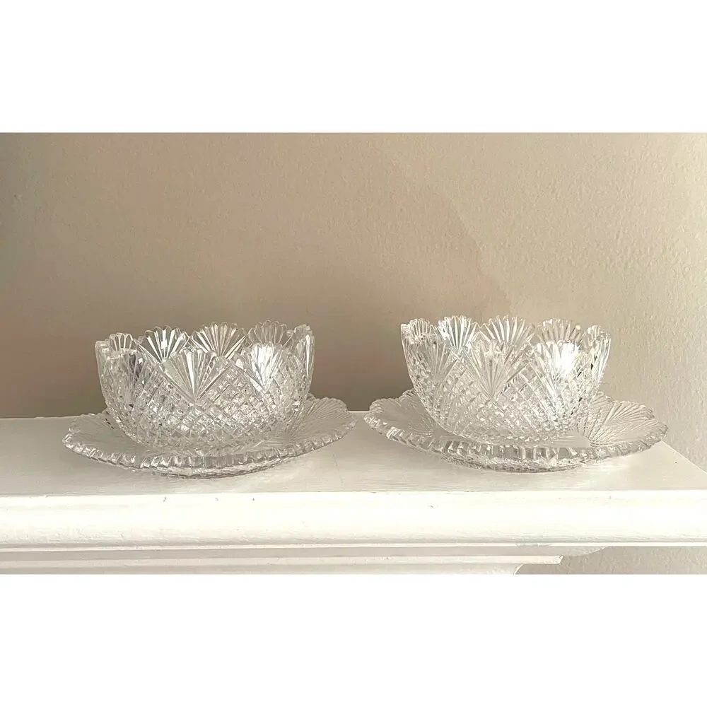 Vintage Etched Crystal Bowl and Plate, Sawtooth Scalloped Edge, Set of 2